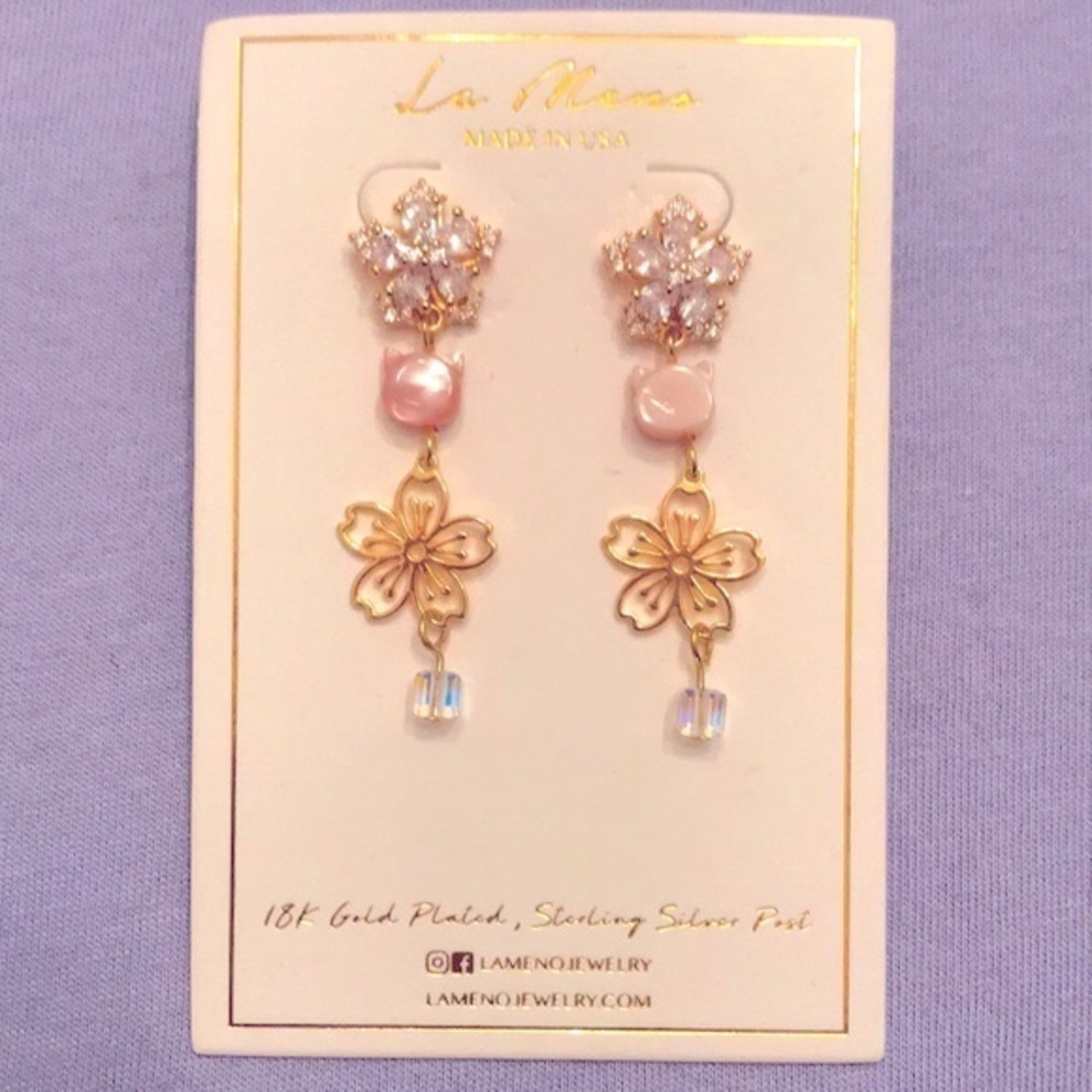 Brand New La Meno 18K Gold Plated Sterling Silver Post Earrings Cats & Flowers